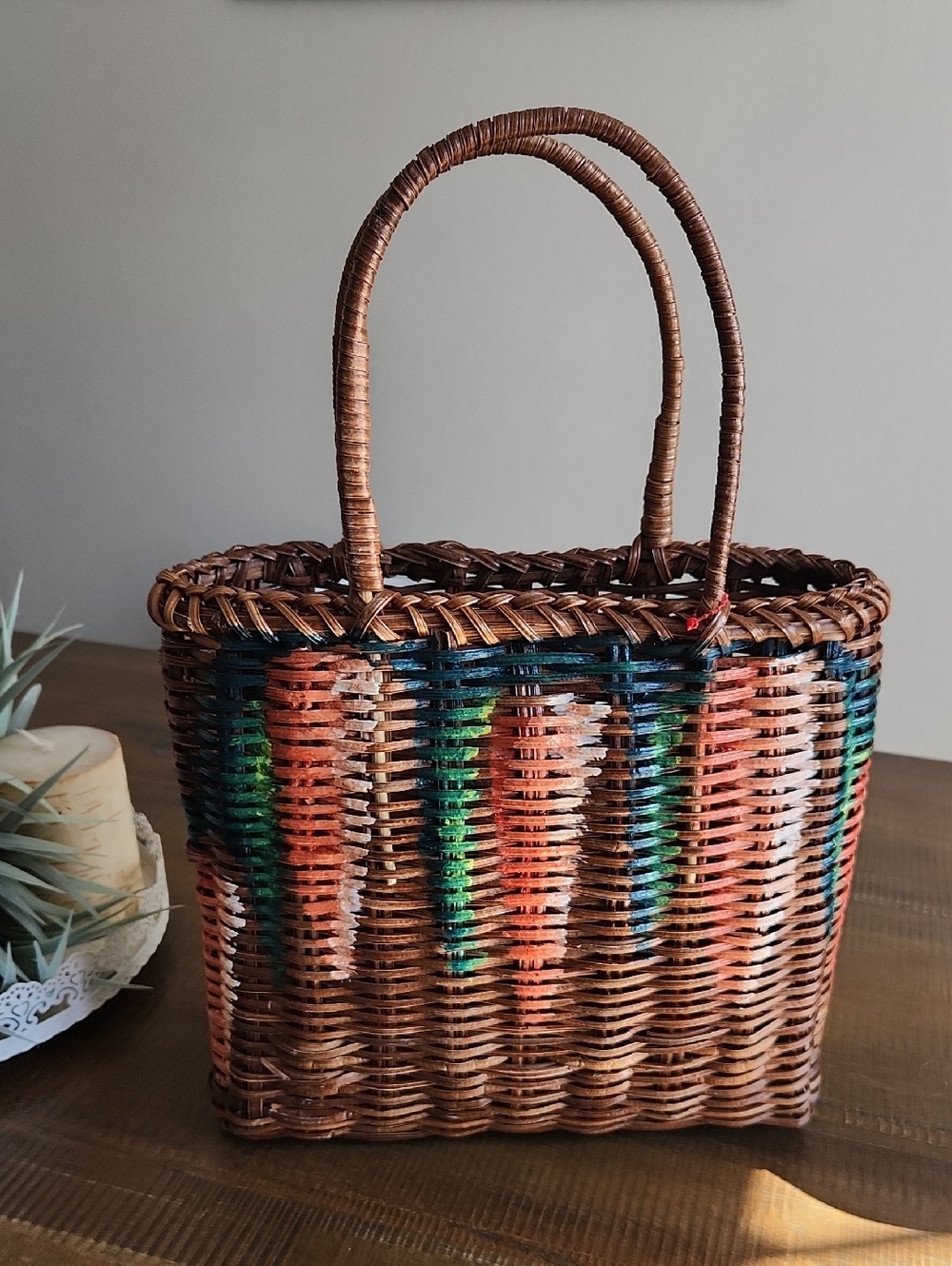 Woven Rattan Tote Bag with Multicolor Accent - Brown
